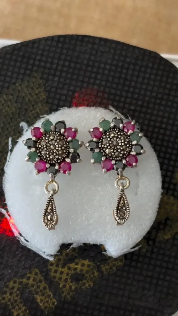 Natural Stone Silver Earrings – Traditional Style